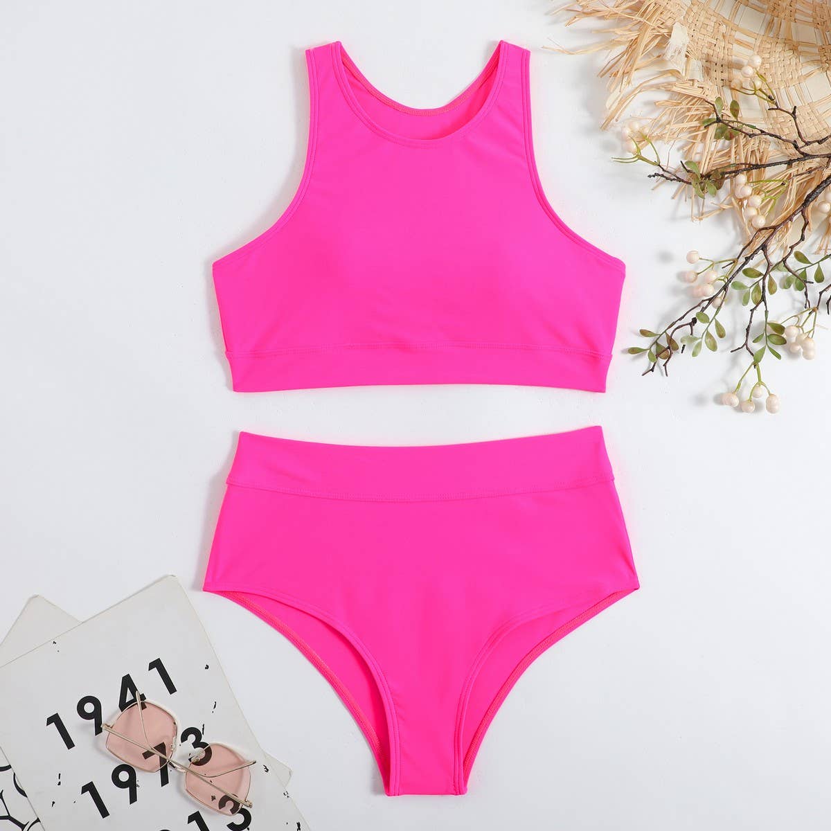 High Waist Bikini Set - Solid Color Swimsuit_CWMW0191