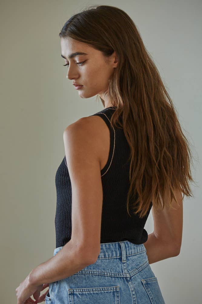 W1465 | Knit Sweater Textured Ribbed Sleeveless Fitted Top