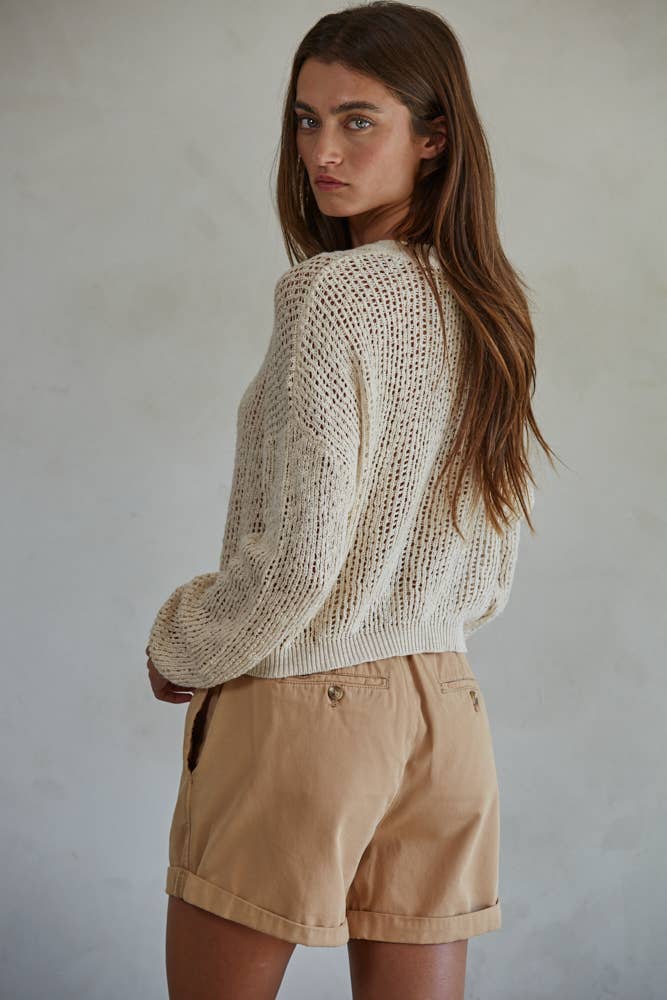 W1742 | Knit Sweater Neck Henley See Through Pullover Top
