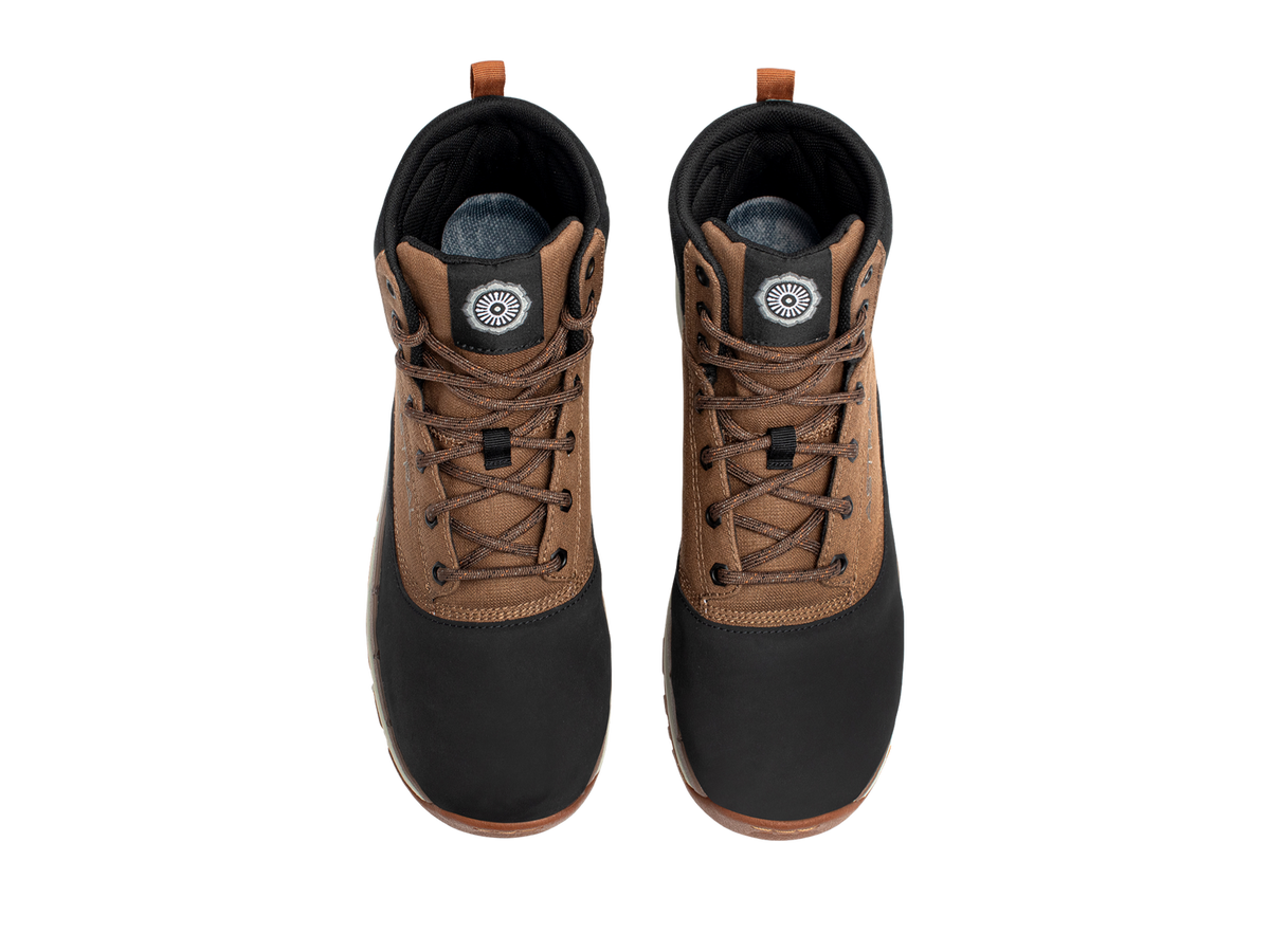 Pair of Astral Halestorm 2.0 mid-top boots in brown and black, with brown laces, from a top-down view.