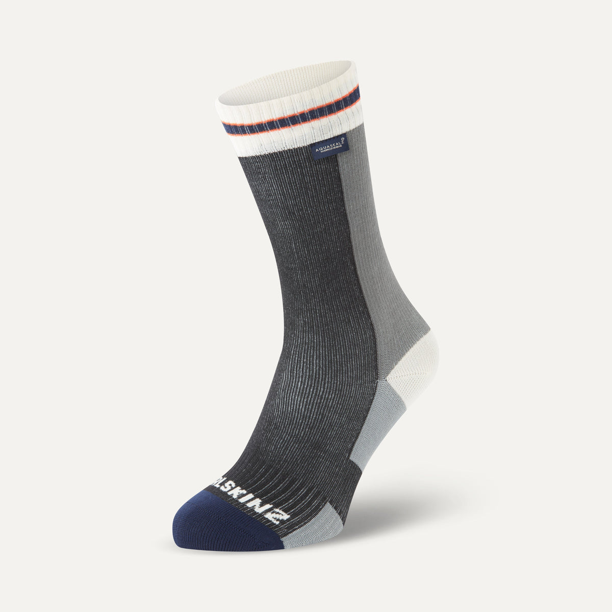 Sealskinz Billockby Socks, a dark grey, light grey, white, and navy waterproof sock with striped cuff and Aquasealz tag.