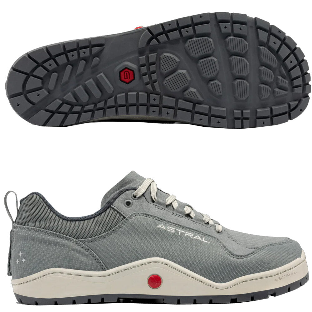 Astral Nosobo grey water shoe with detailed outsole tread pattern shown from side and bottom view for grip and traction.