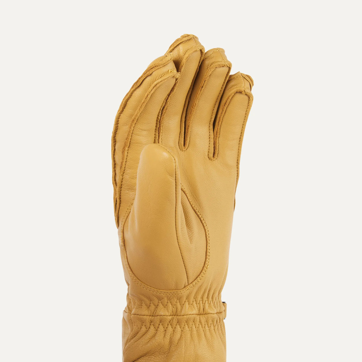 Sealskinz Westfield Gloves. Front view of a single tan leather glove with textured finish and elasticated cuff.