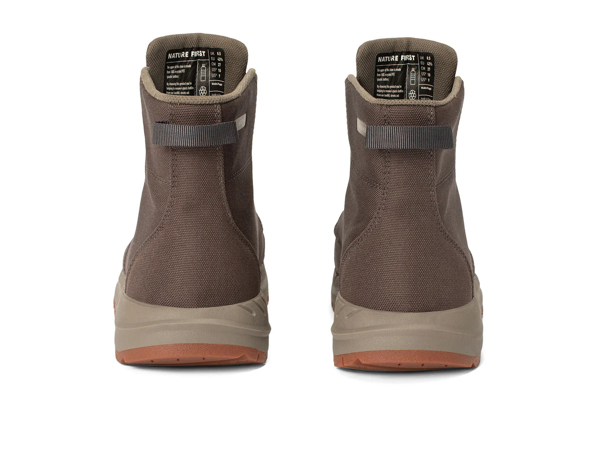 Astral Pisgah brown high-top hiking boots, back view, made from recycled plastic bottles.