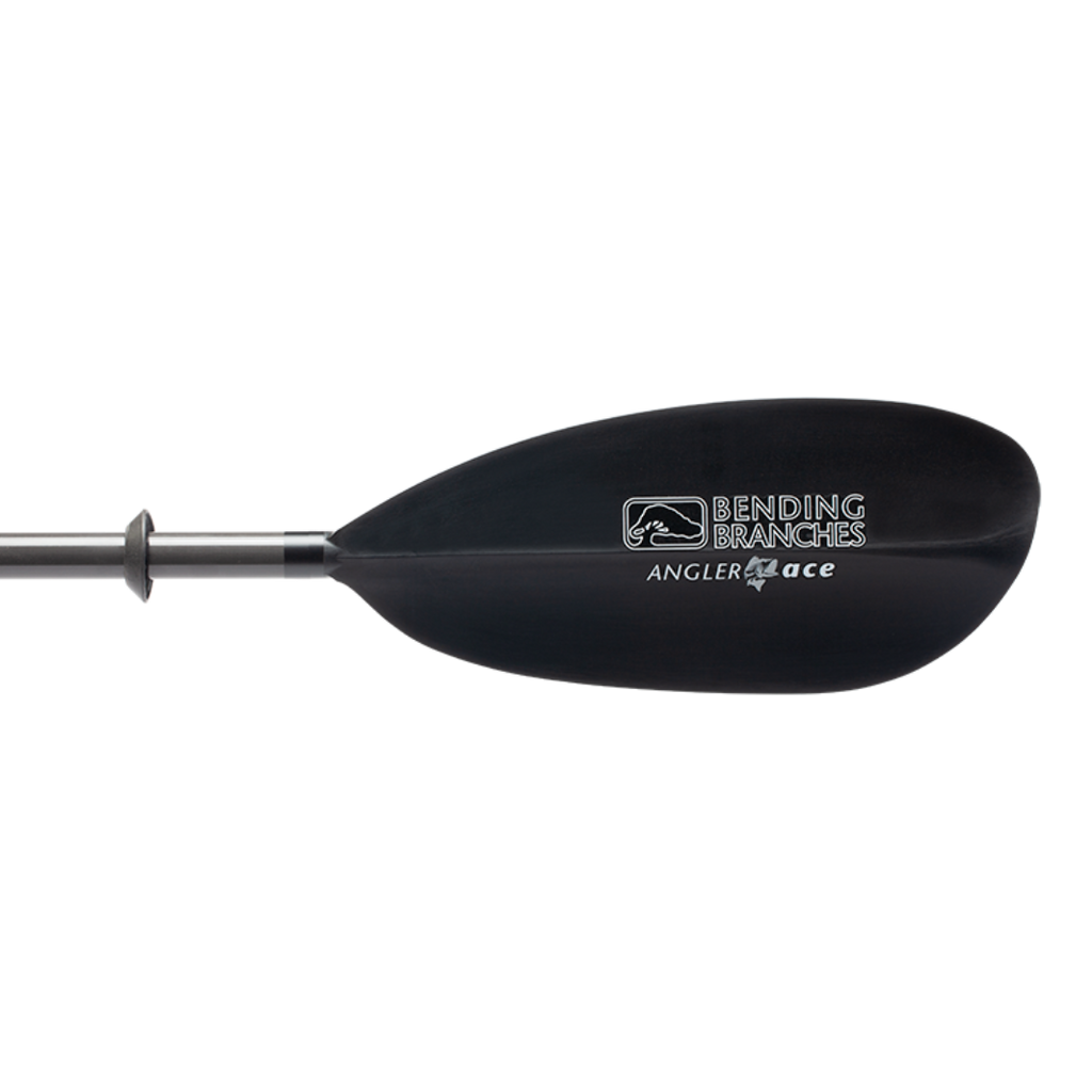 Close-up of a black Bending Branches Angler Ace kayak paddle blade with the brand logo and product name visible.