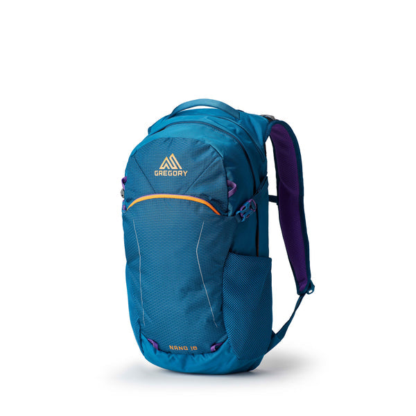 Gregory Nano 18 backpack in teal with purple straps and orange accents, front view. Ideal for hiking or daily use.