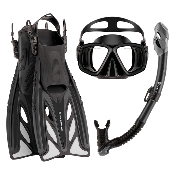 US Divers Adult Snorkel Set | Black & grey fins, snorkel, and mask on white background.