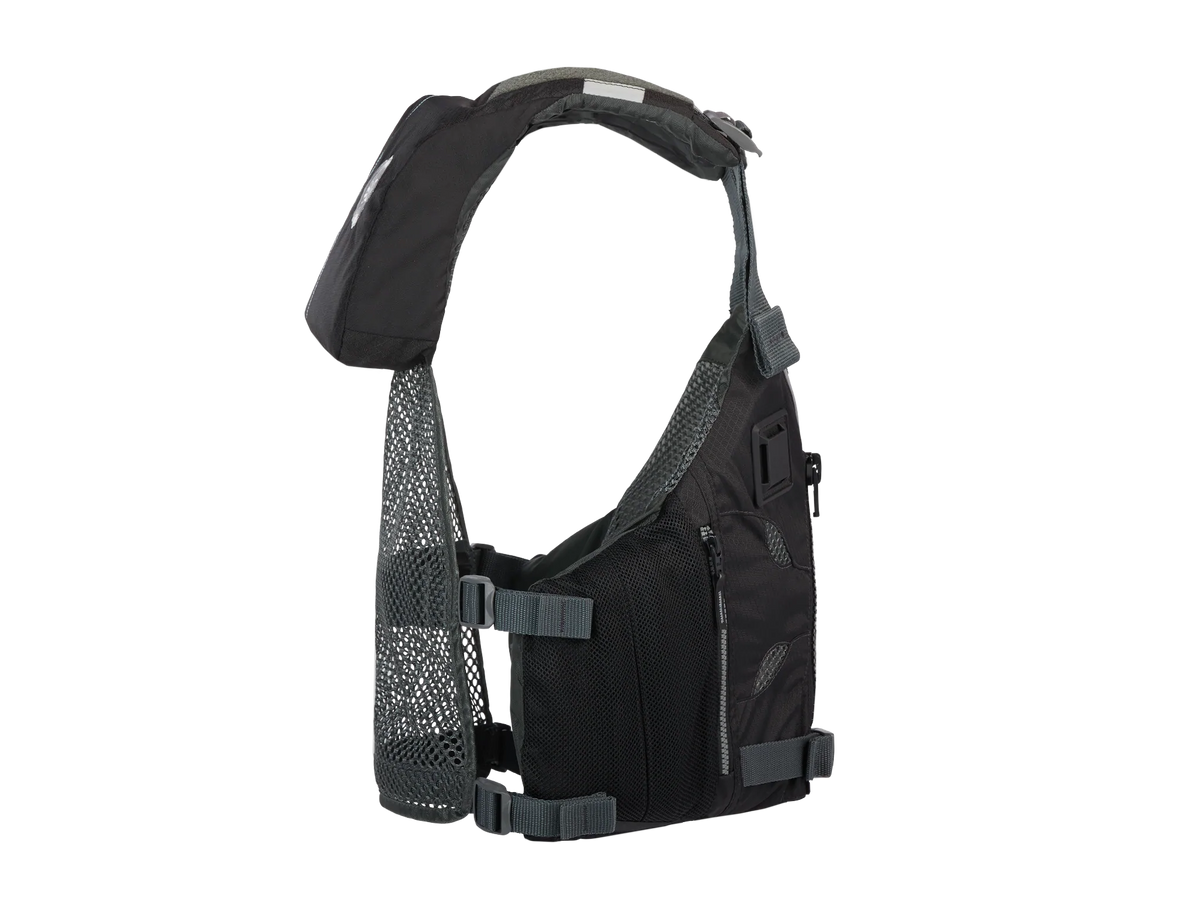 Side view of the Astral EV-Eight PFD, a black lightweight life vest with mesh panels and adjustable webbing straps.