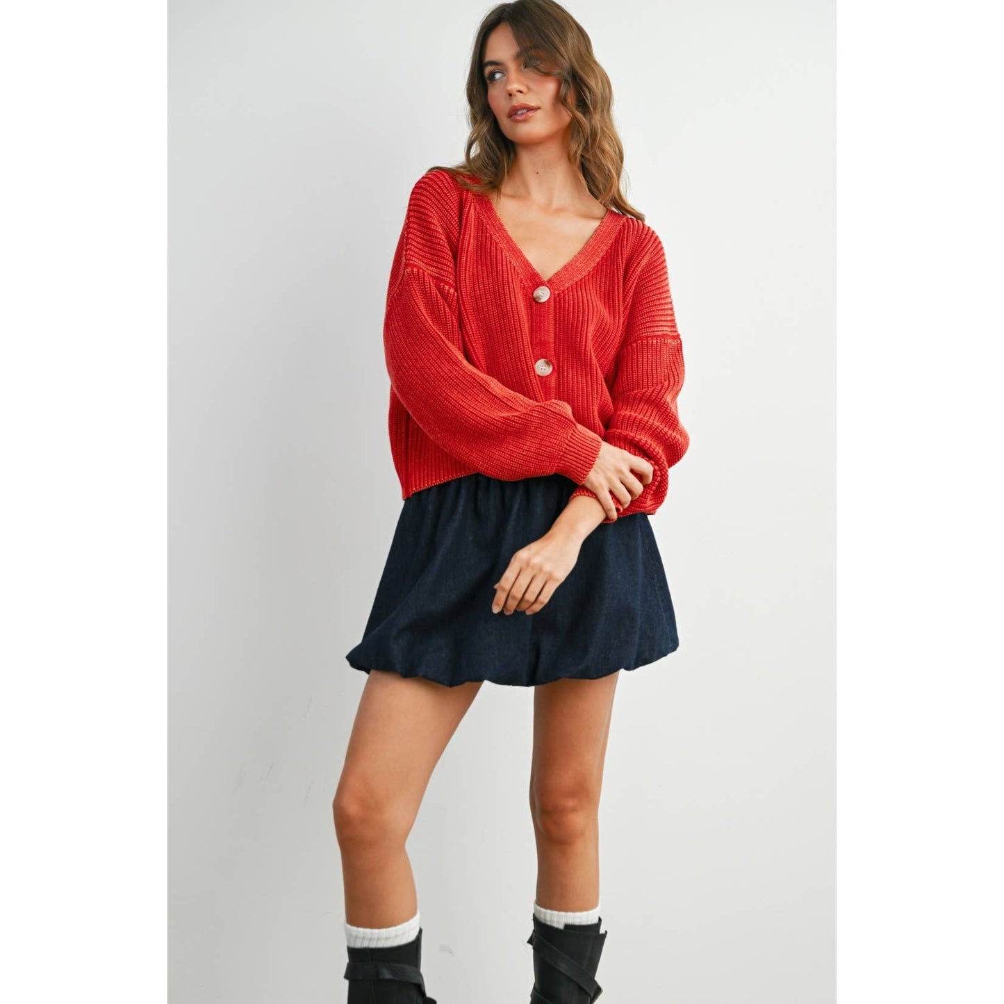 V-Neck Buttoned Ribbed Long Sleeve Cardigan - BMC7773