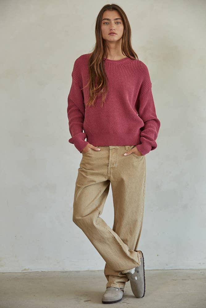 W1536 | Knit Cotton Sweater Ribbed Long Sleeve Pullover Top