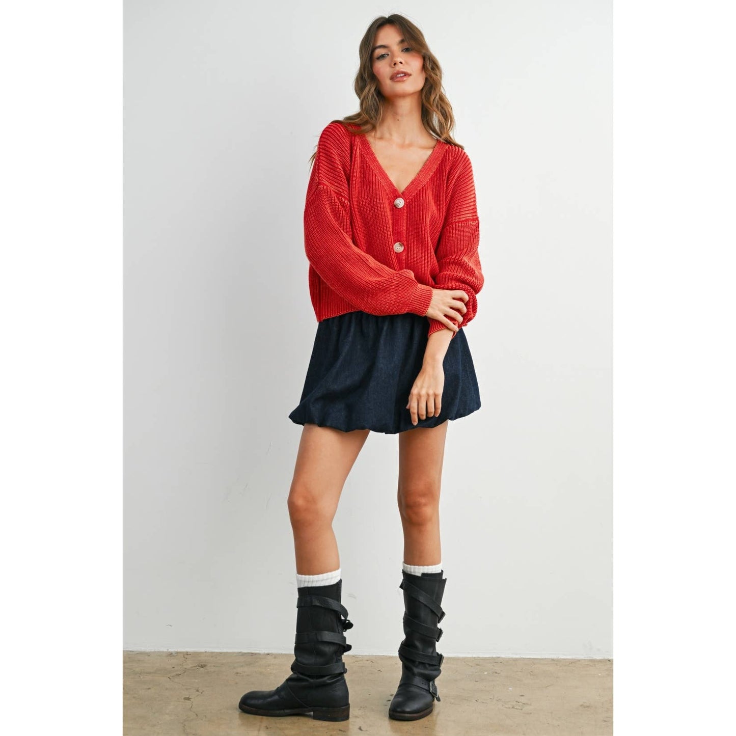 V-Neck Buttoned Ribbed Long Sleeve Cardigan - BMC7773