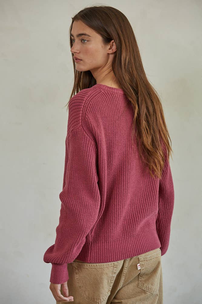 W1536 | Knit Cotton Sweater Ribbed Long Sleeve Pullover Top