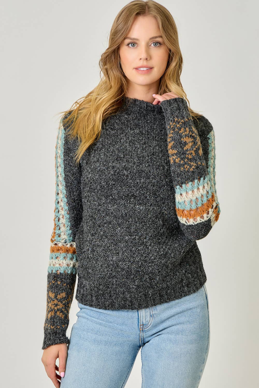 61313 Mock Neck Fair Isle Cuff Sweater