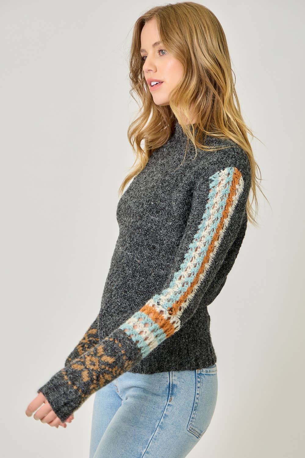 61313 Mock Neck Fair Isle Cuff Sweater