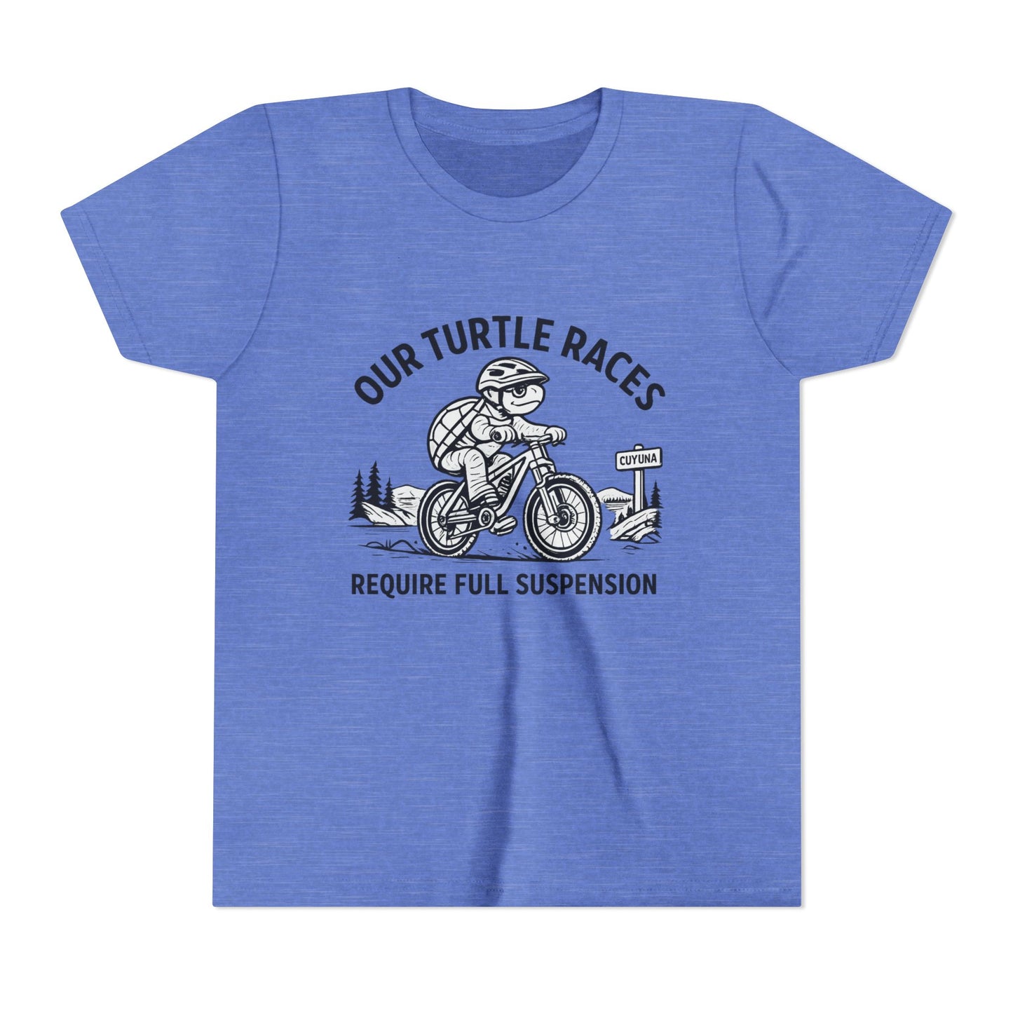 Youth Tee — “Our Turtle Races Require Full Suspension” Bike Graphic