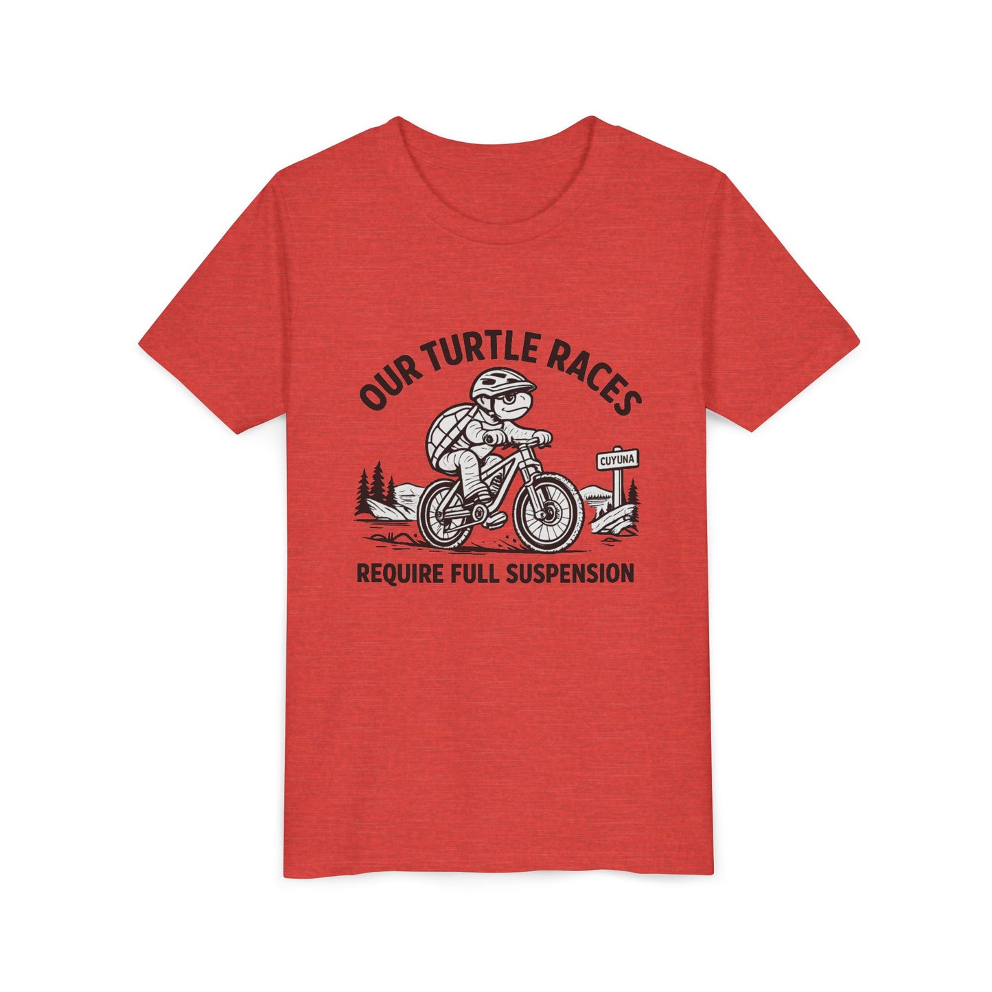 Youth Tee — “Our Turtle Races Require Full Suspension” Bike Graphic