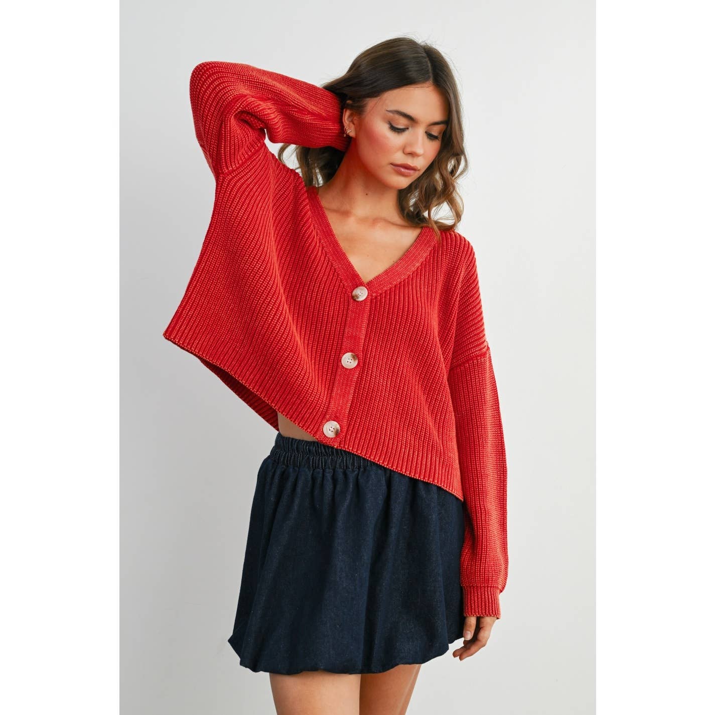 V-Neck Buttoned Ribbed Long Sleeve Cardigan - BMC7773