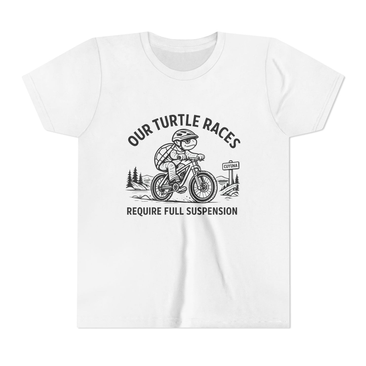Youth Tee — “Our Turtle Races Require Full Suspension” Bike Graphic