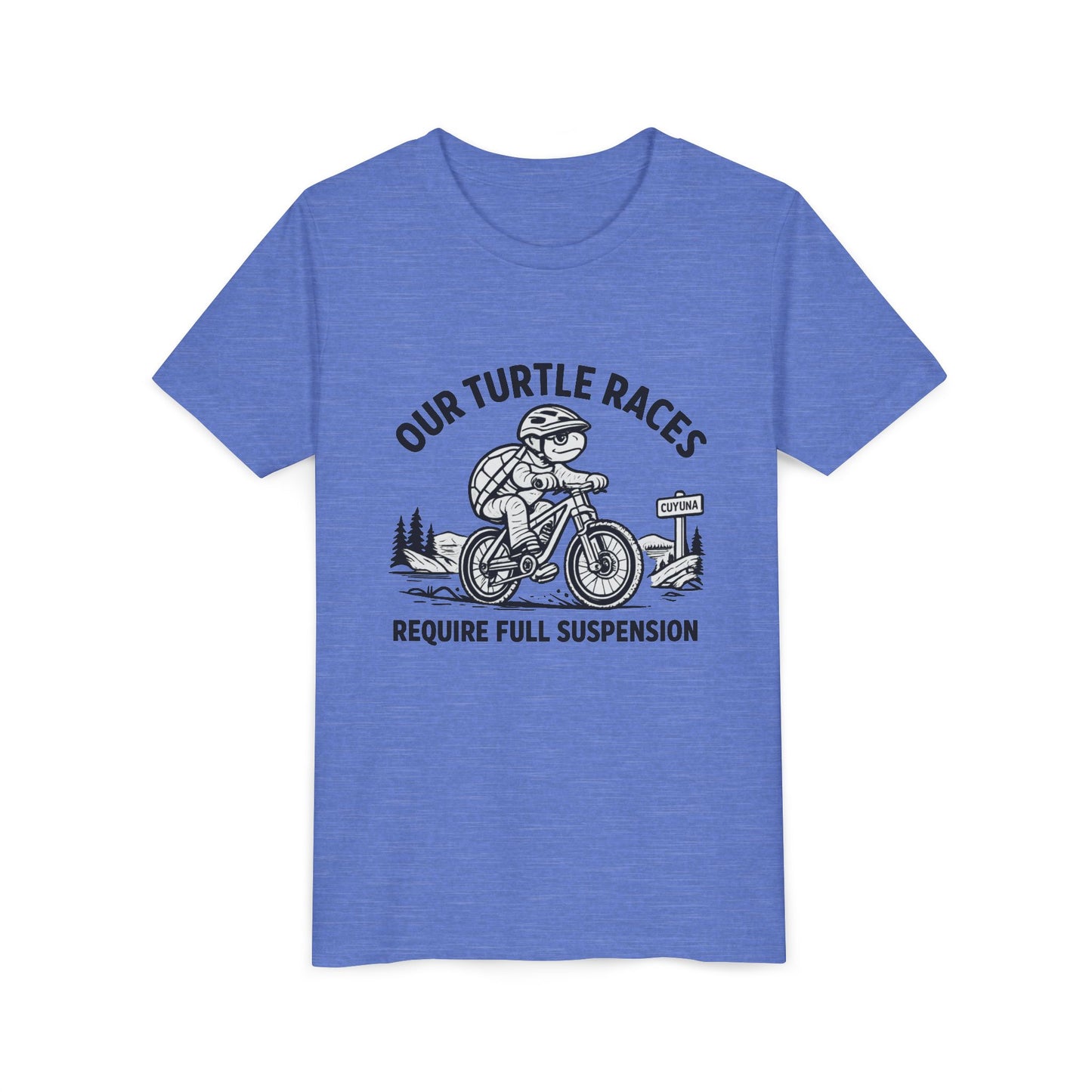 Youth Tee — “Our Turtle Races Require Full Suspension” Bike Graphic