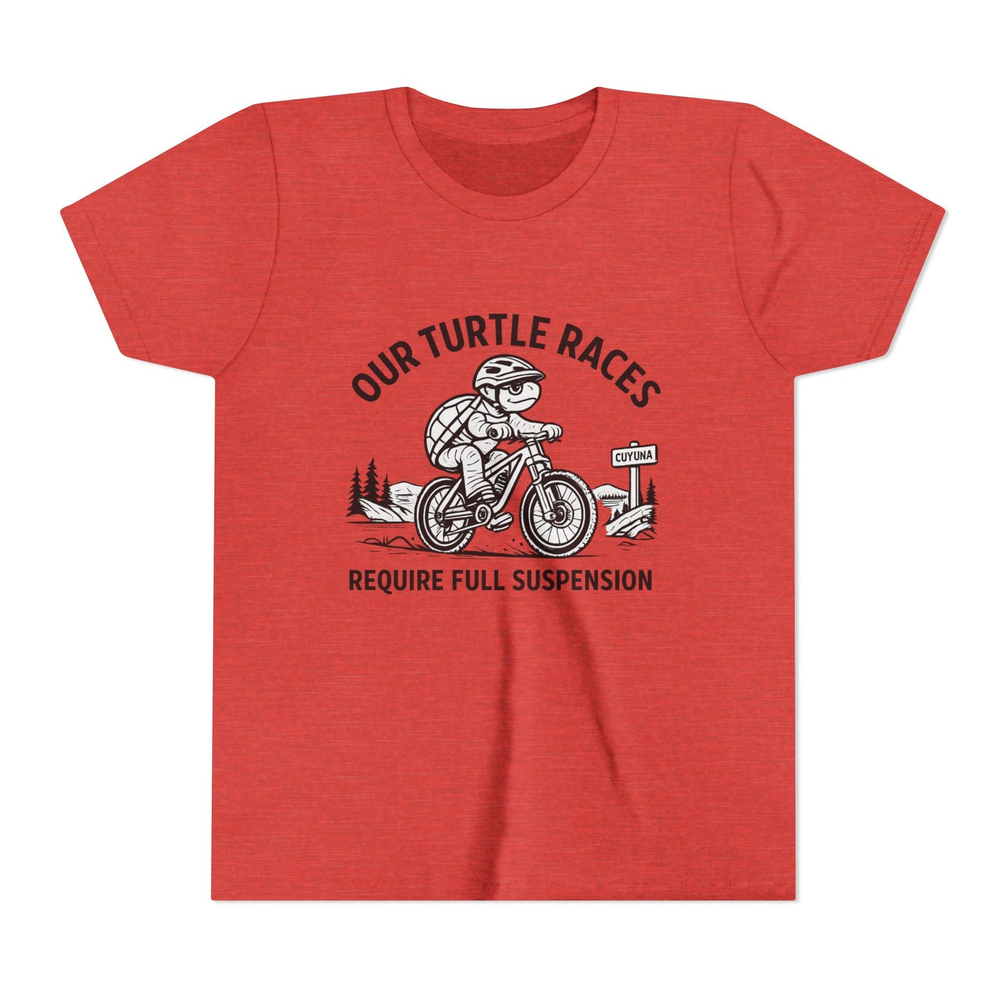 Youth Tee — “Our Turtle Races Require Full Suspension” Bike Graphic
