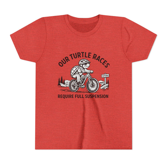 Youth Tee — “Our Turtle Races Require Full Suspension” Bike Graphic