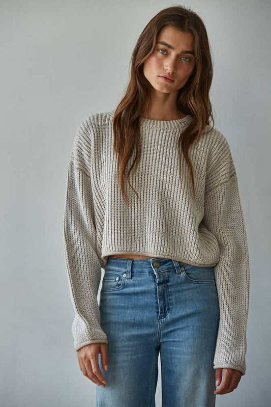 W1789 | Knit Sweater Acrylic Ribbed Crew Neck Pullover