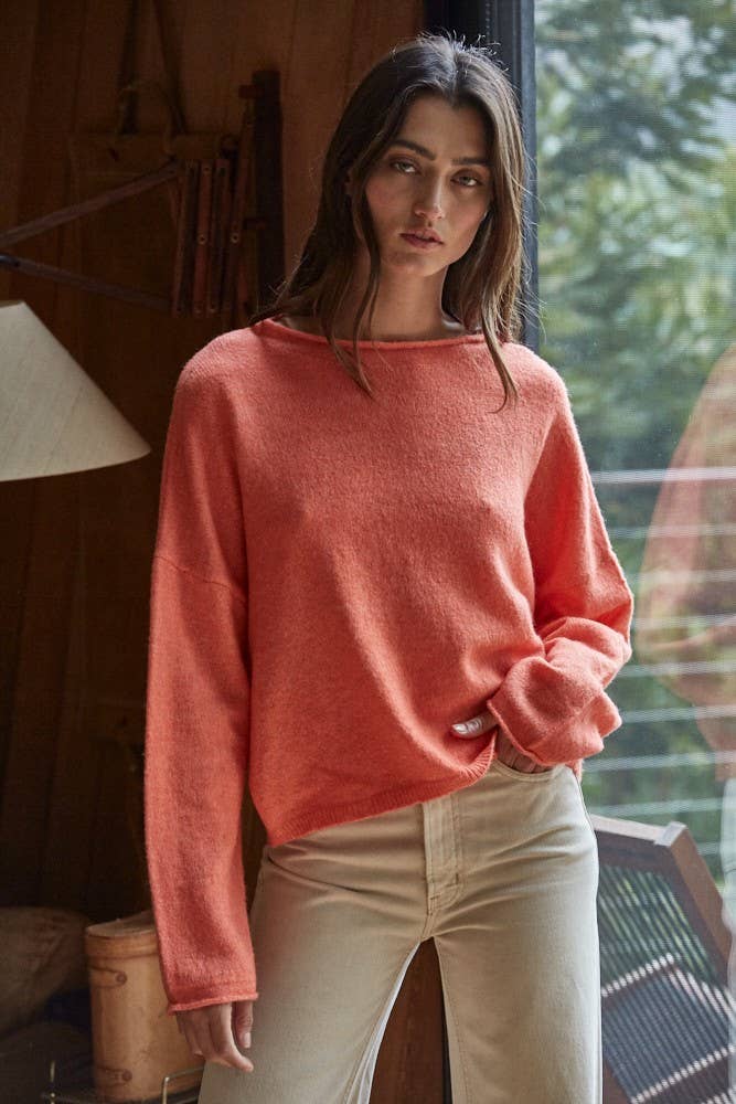 W2114 | Knit Sweater Rolled Round Neck Pullover Top