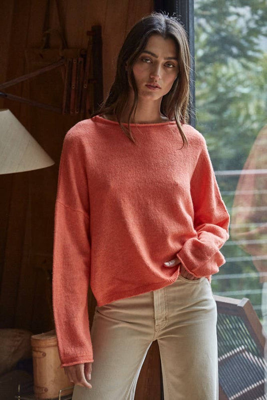 W2114 | Knit Sweater Rolled Round Neck Pullover Top