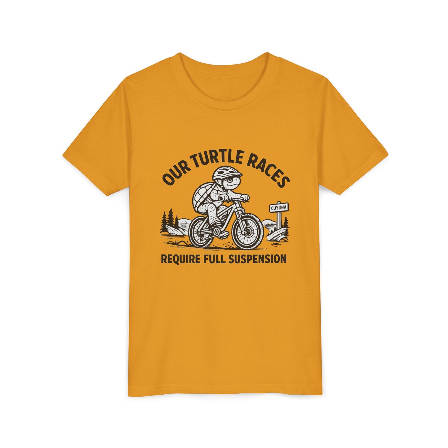 Youth Tee — “Our Turtle Races Require Full Suspension” Bike Graphic