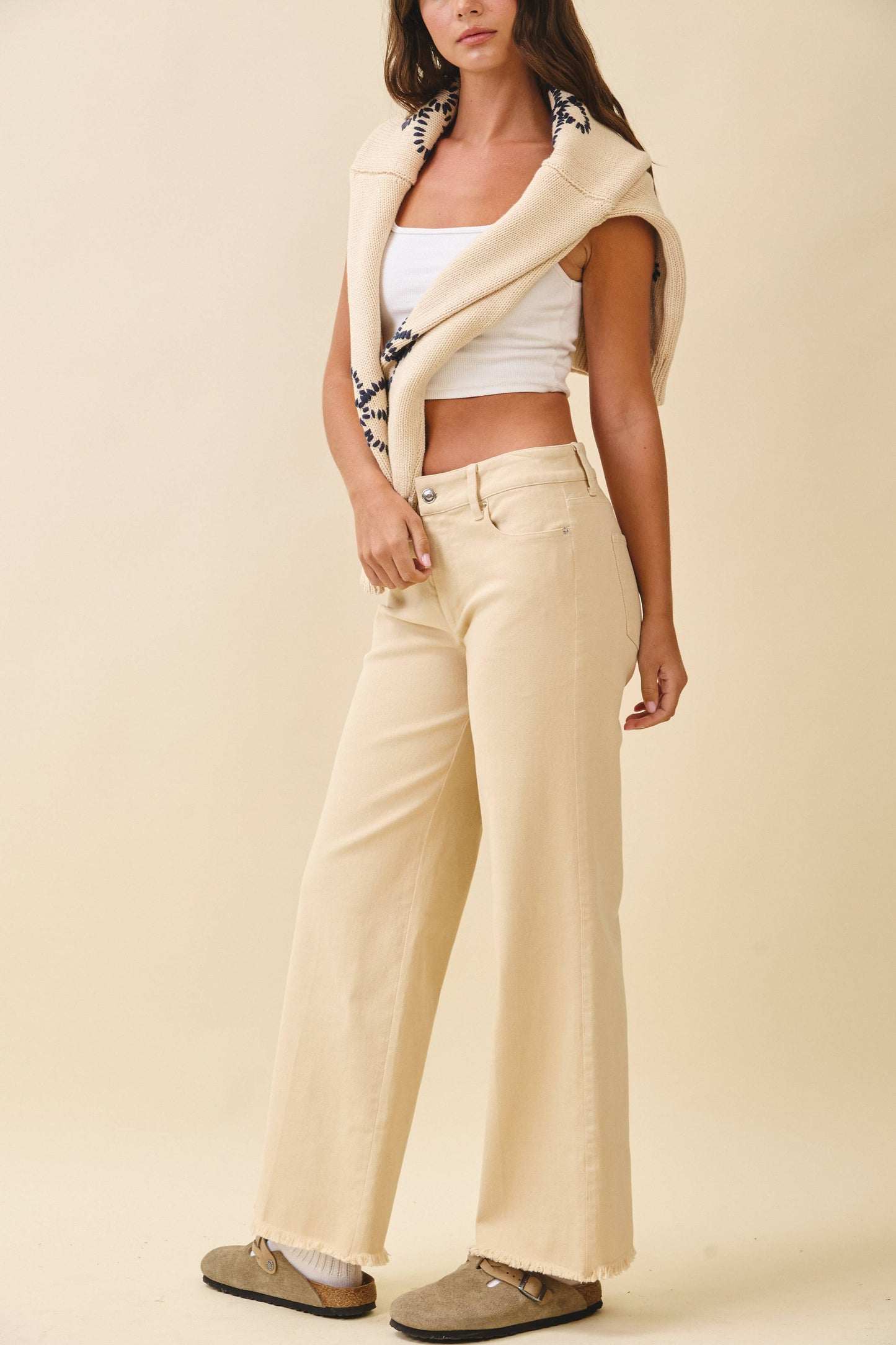 7164GK Wide Leg Raw Hem Denim Pants