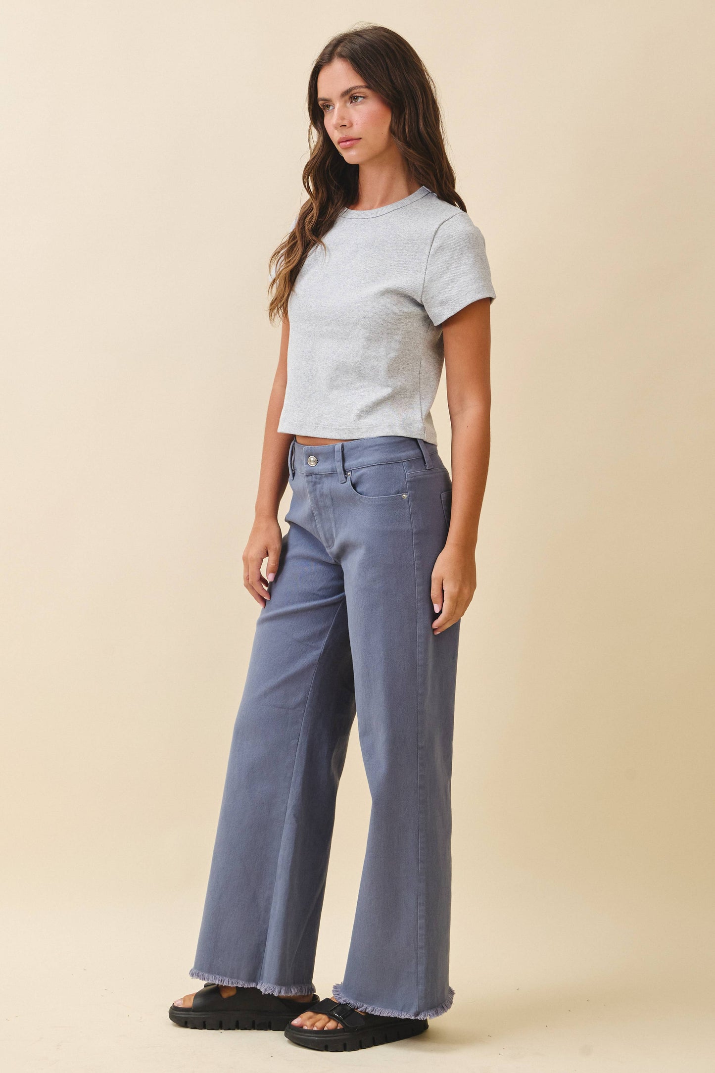 7164GK Wide Leg Raw Hem Denim Pants
