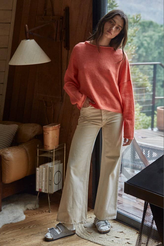 W2114 | Knit Sweater Rolled Round Neck Pullover Top