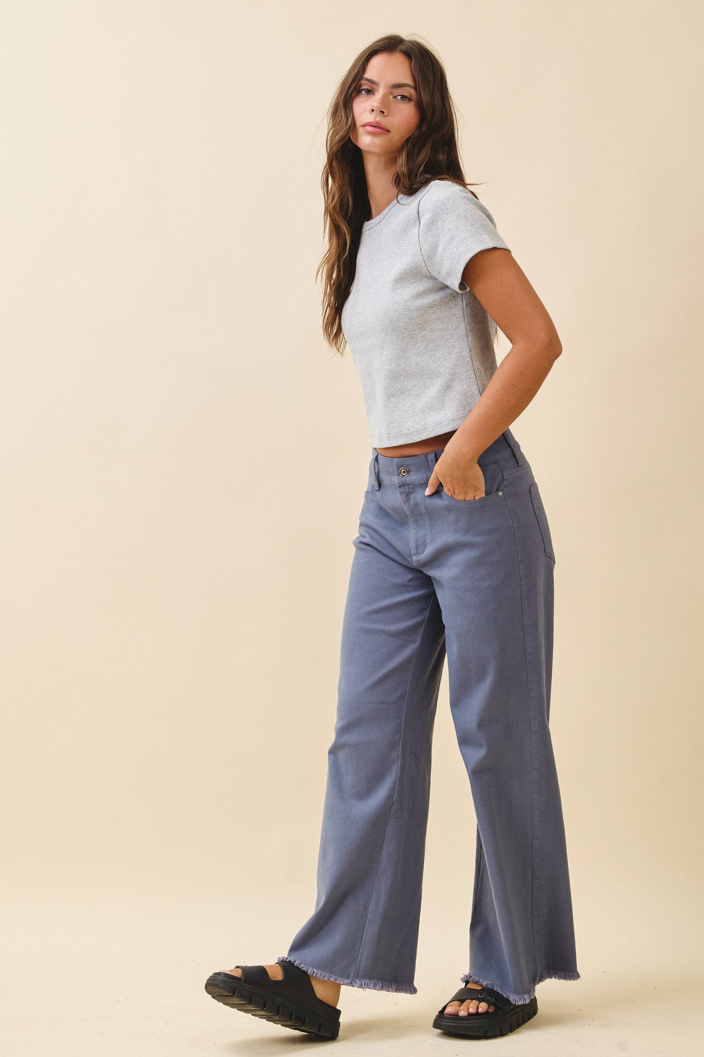 7164GK Wide Leg Raw Hem Denim Pants