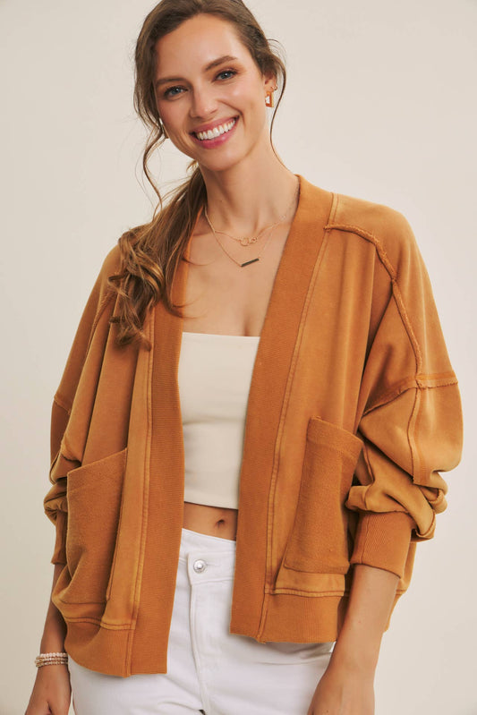 COZY FAVORITE MINERAL-WASHED FRENCH TERRY CARDIGAN