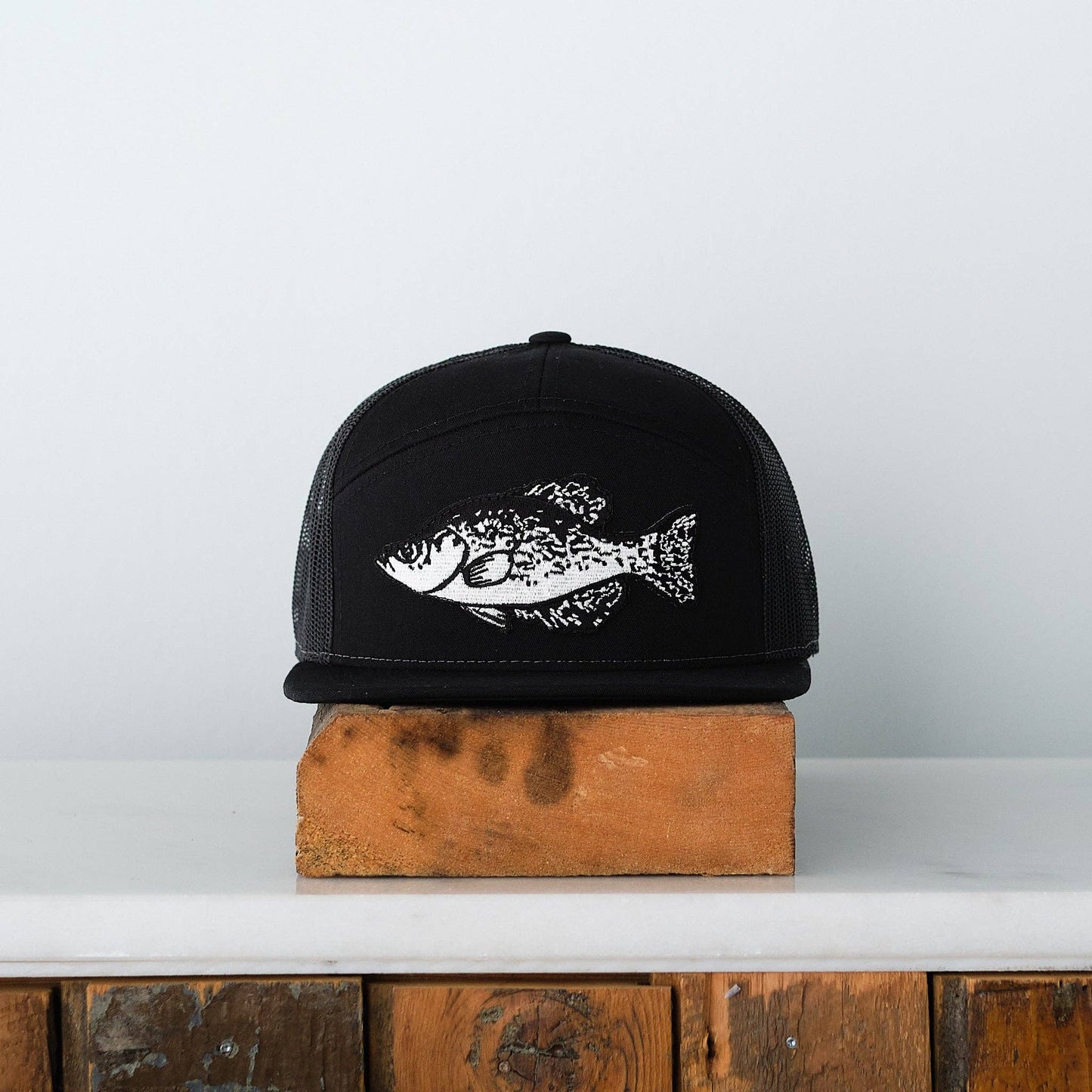 Youth Crappie Patch 7 Panel hat, Black mesh snapback