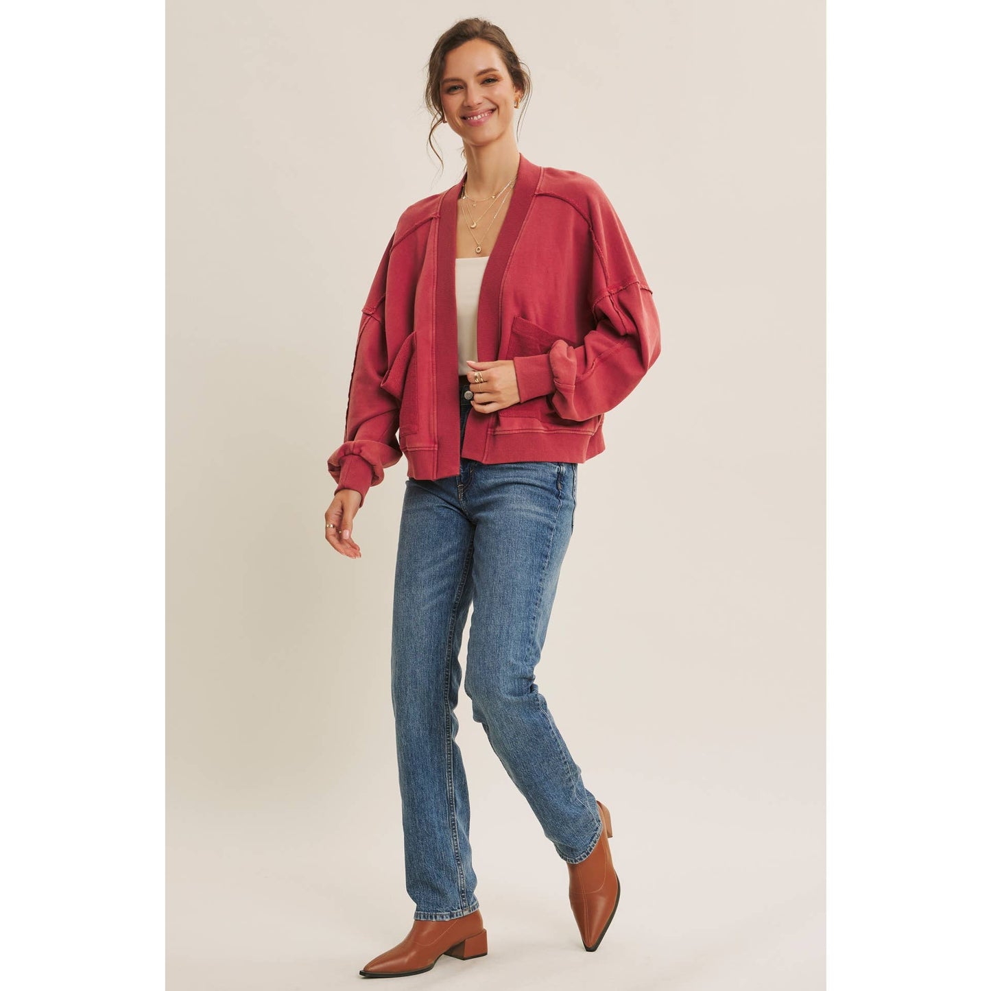 COZY FAVORITE MINERAL-WASHED FRENCH TERRY CARDIGAN