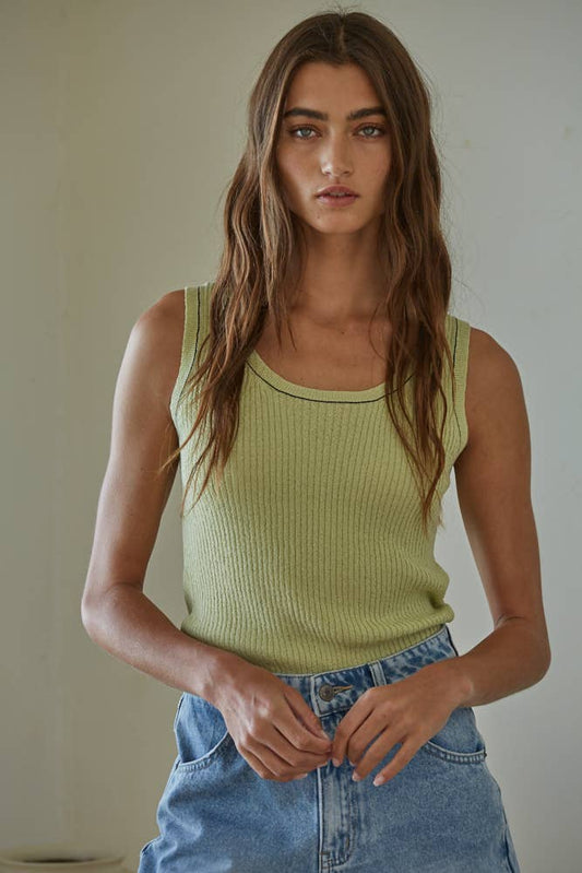 W1465 | Knit Sweater Textured Ribbed Sleeveless Fitted Top