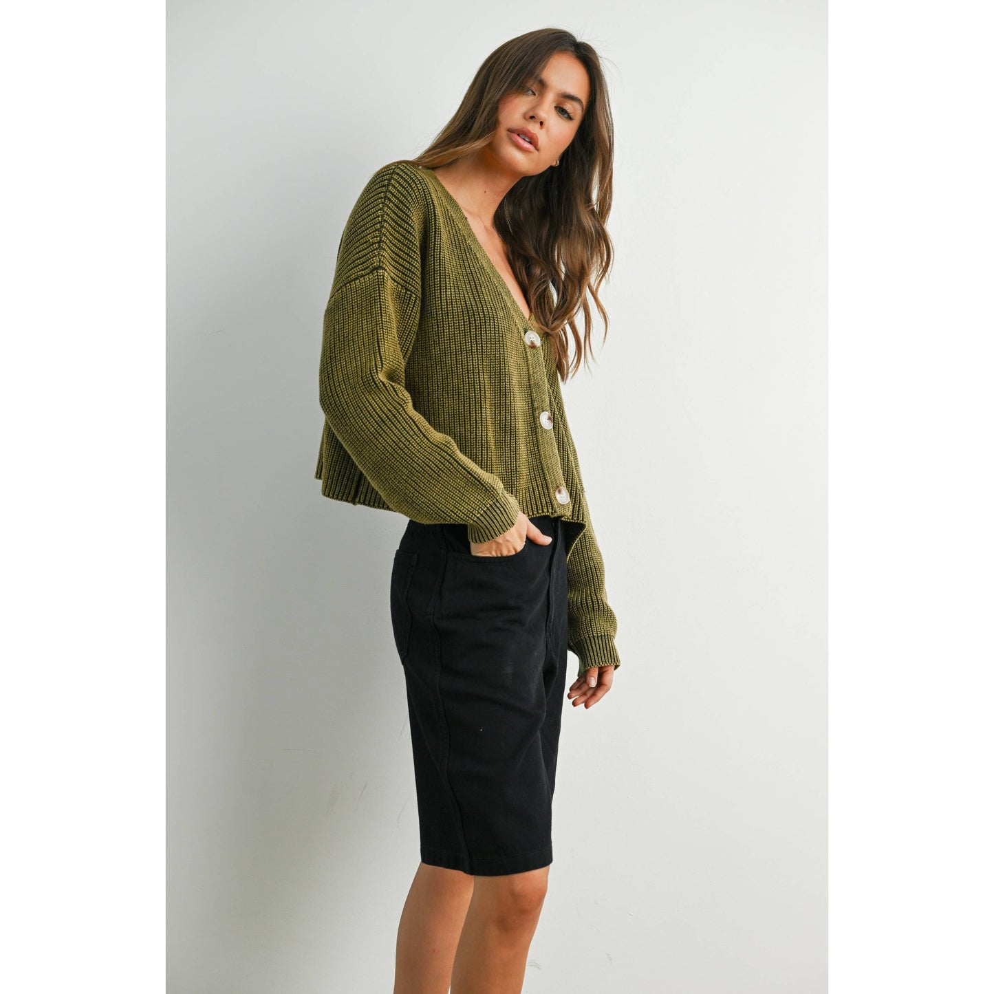 V-Neck Buttoned Ribbed Long Sleeve Cardigan - BMC7773