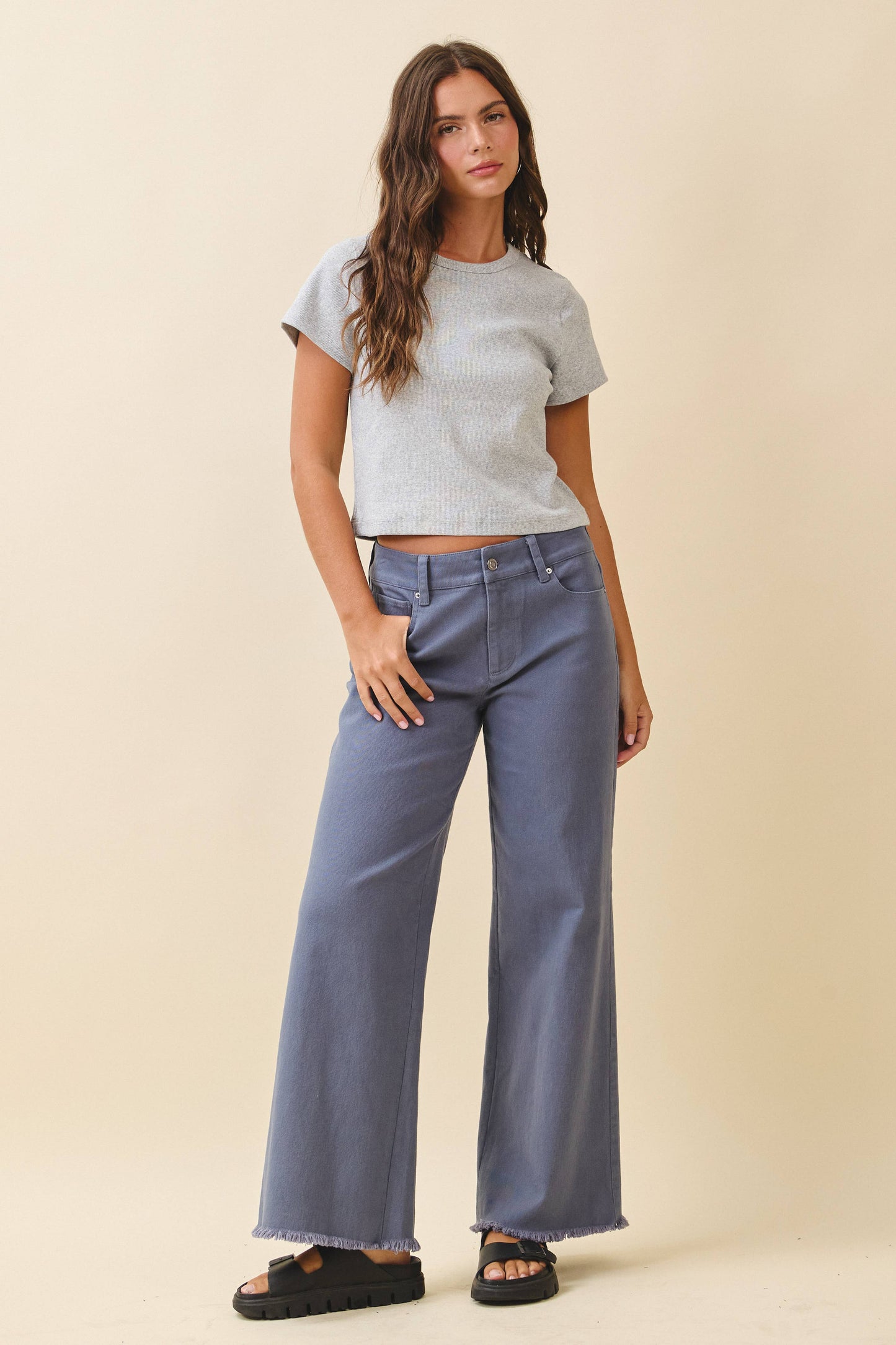 7164GK Wide Leg Raw Hem Denim Pants