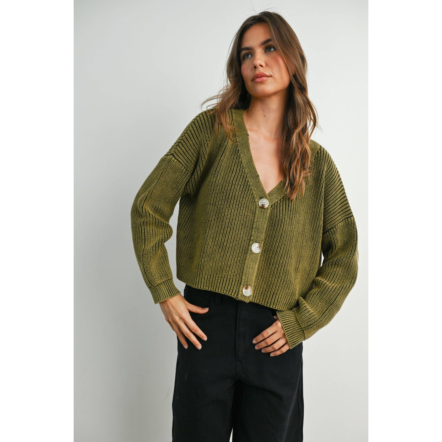 V-Neck Buttoned Ribbed Long Sleeve Cardigan - BMC7773