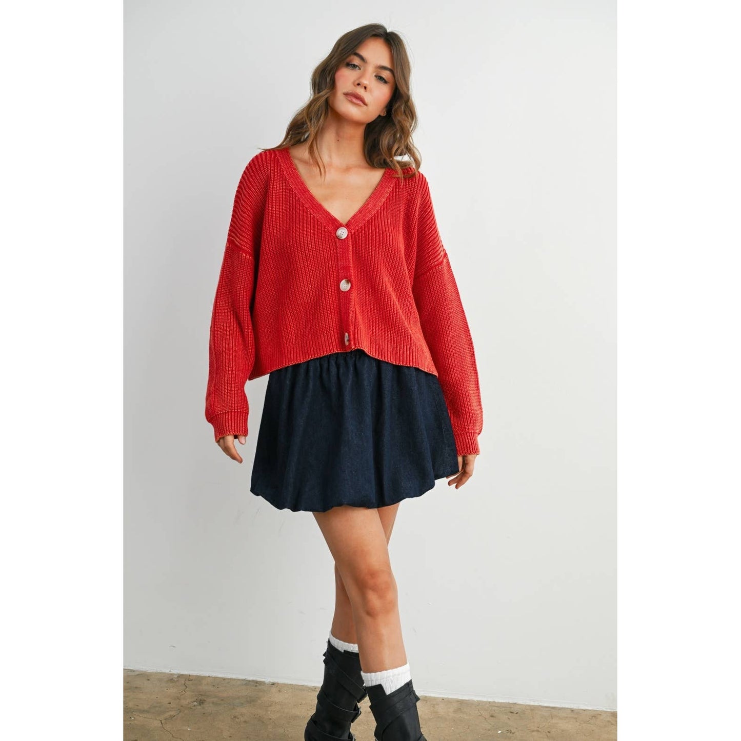 V-Neck Buttoned Ribbed Long Sleeve Cardigan - BMC7773