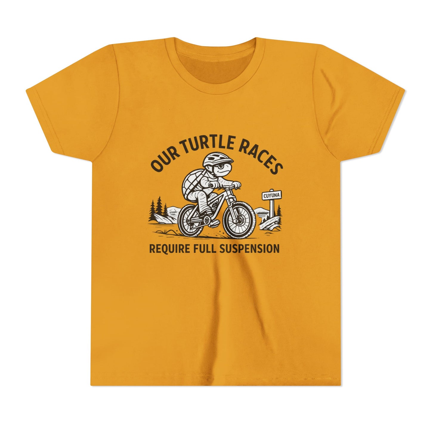 Youth Tee — “Our Turtle Races Require Full Suspension” Bike Graphic
