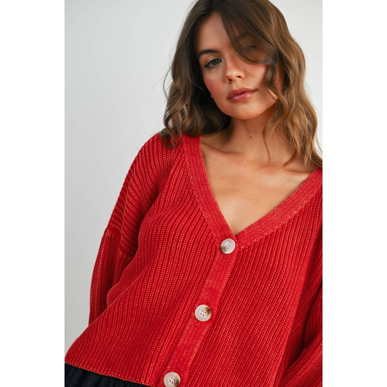 V-Neck Buttoned Ribbed Long Sleeve Cardigan - BMC7773