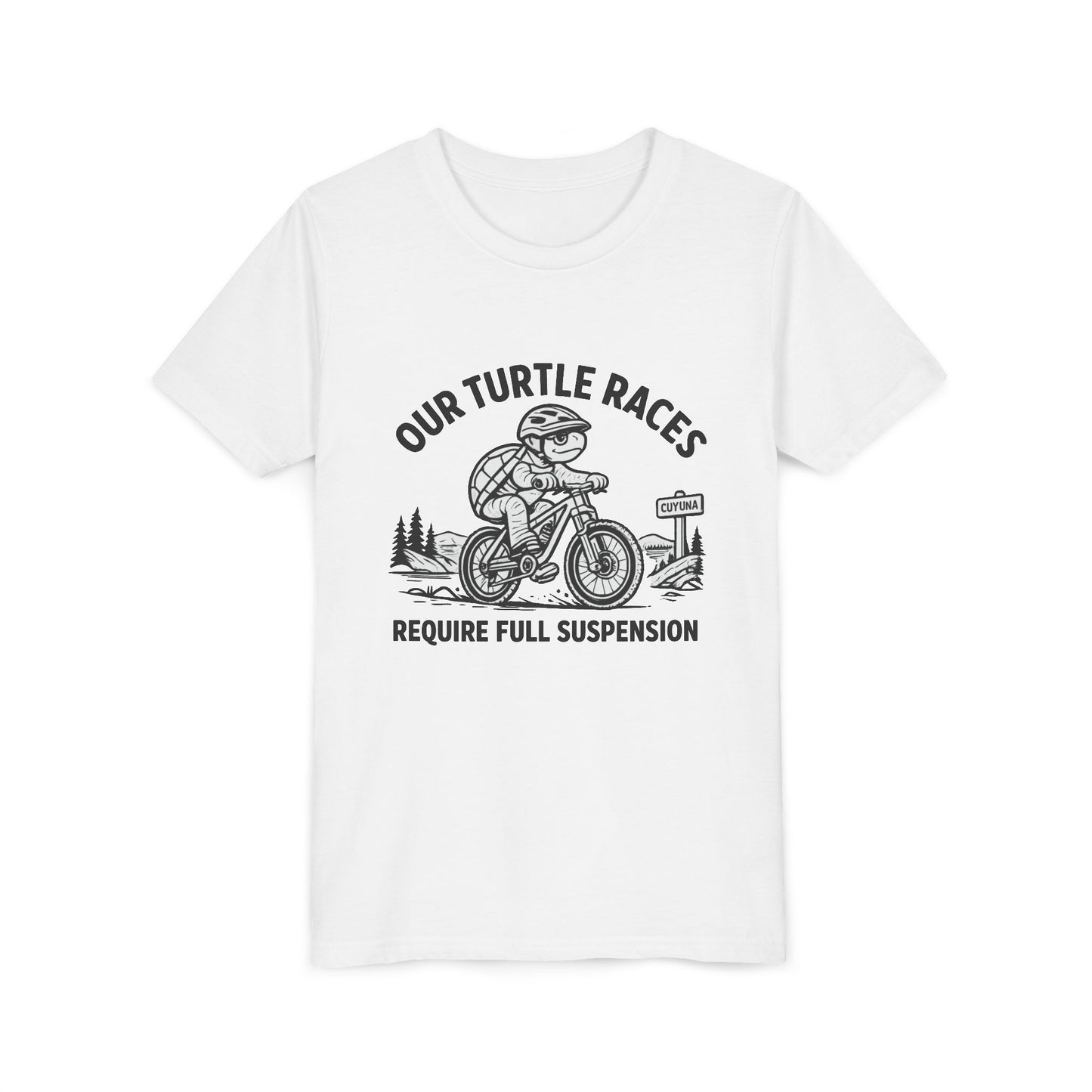 Youth Tee — “Our Turtle Races Require Full Suspension” Bike Graphic