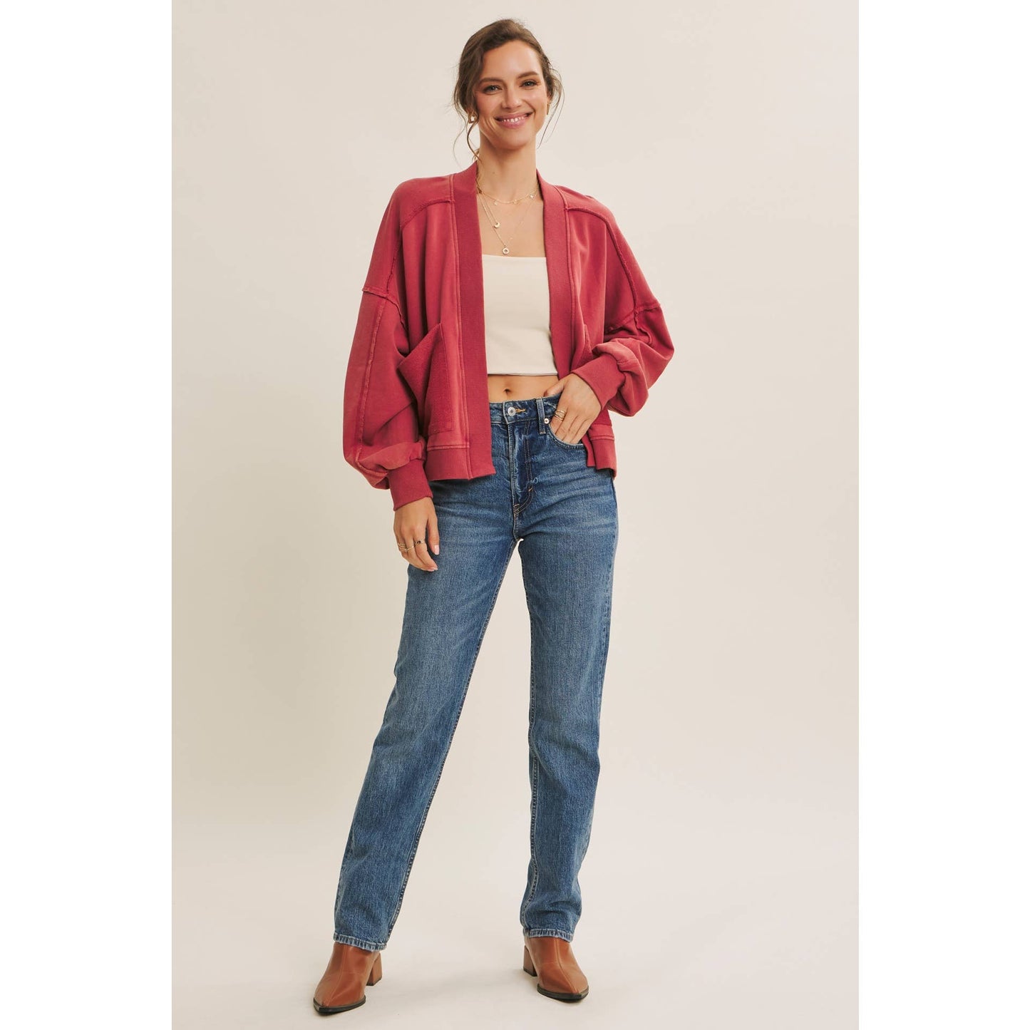 COZY FAVORITE MINERAL-WASHED FRENCH TERRY CARDIGAN