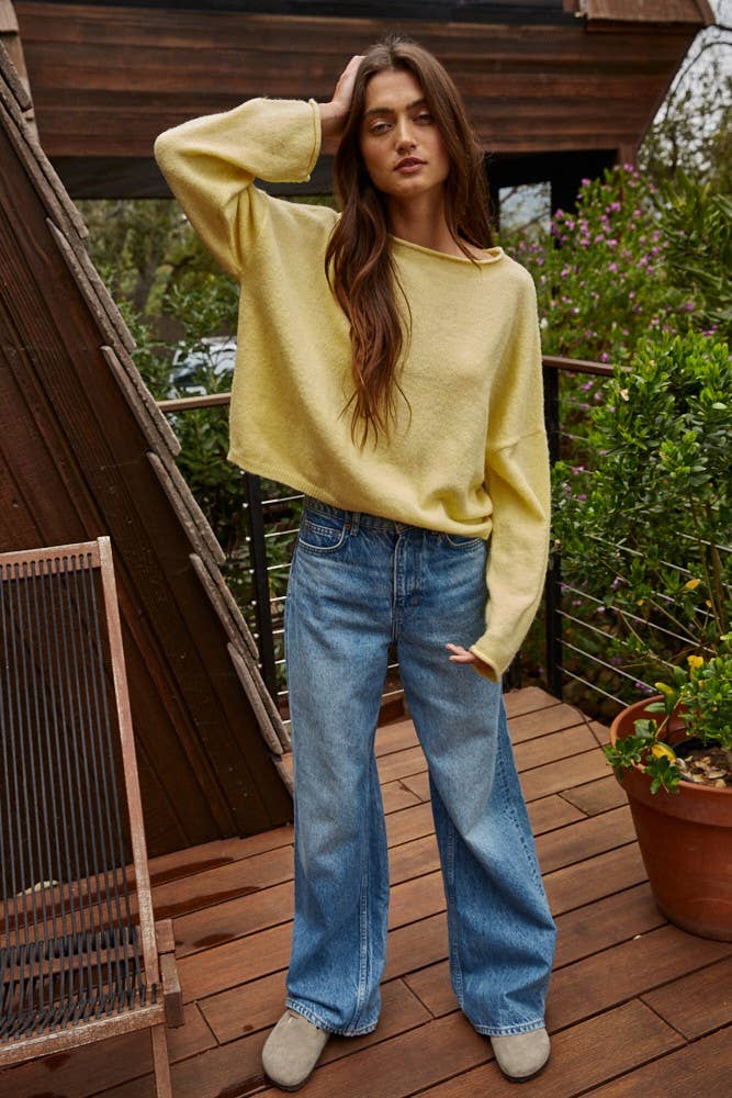 W2114 | Knit Sweater Rolled Round Neck Pullover Top