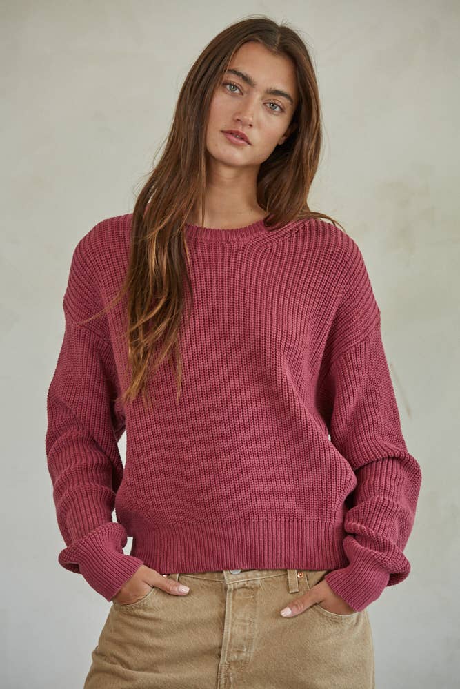 W1536 | Knit Cotton Sweater Ribbed Long Sleeve Pullover Top