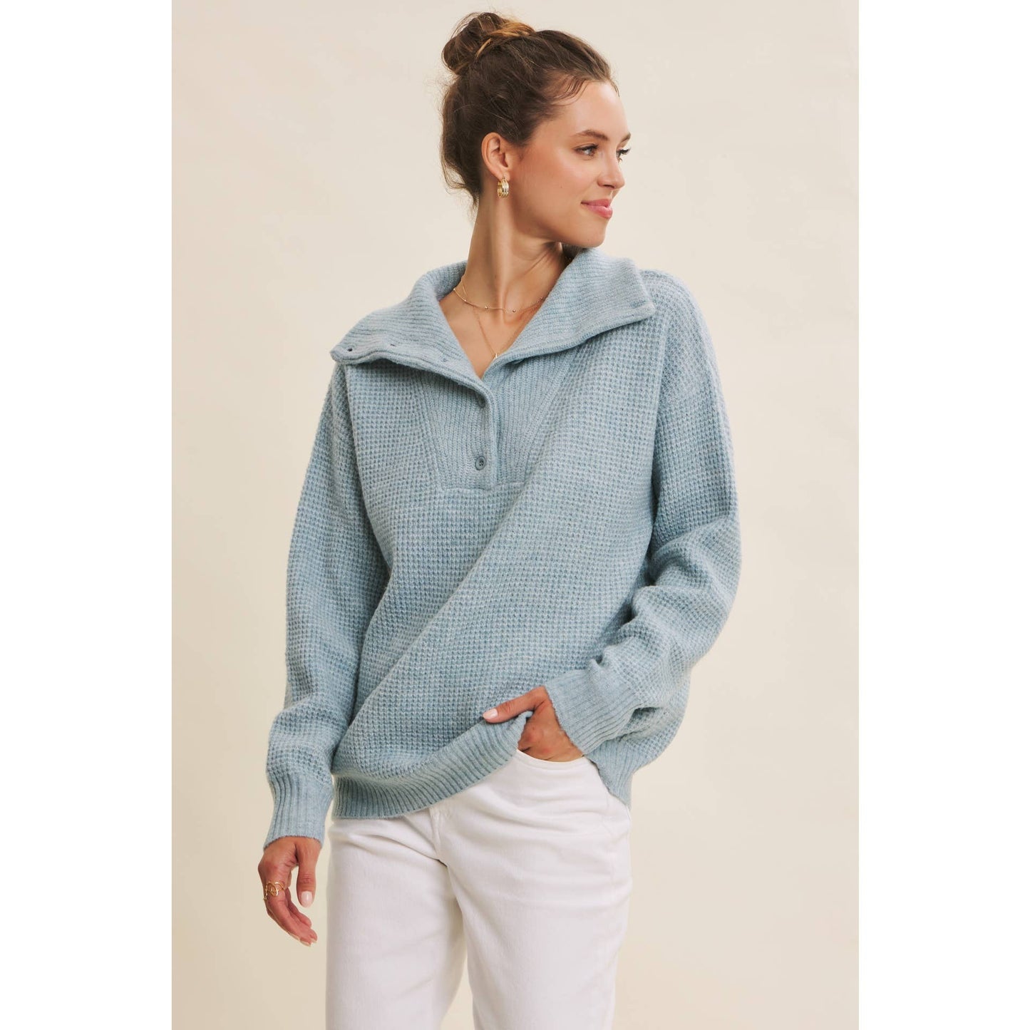 PLANET-FRIENDLY ESSENTIAL WOOL WAFFLE KNIT PULLOVER SWEATER