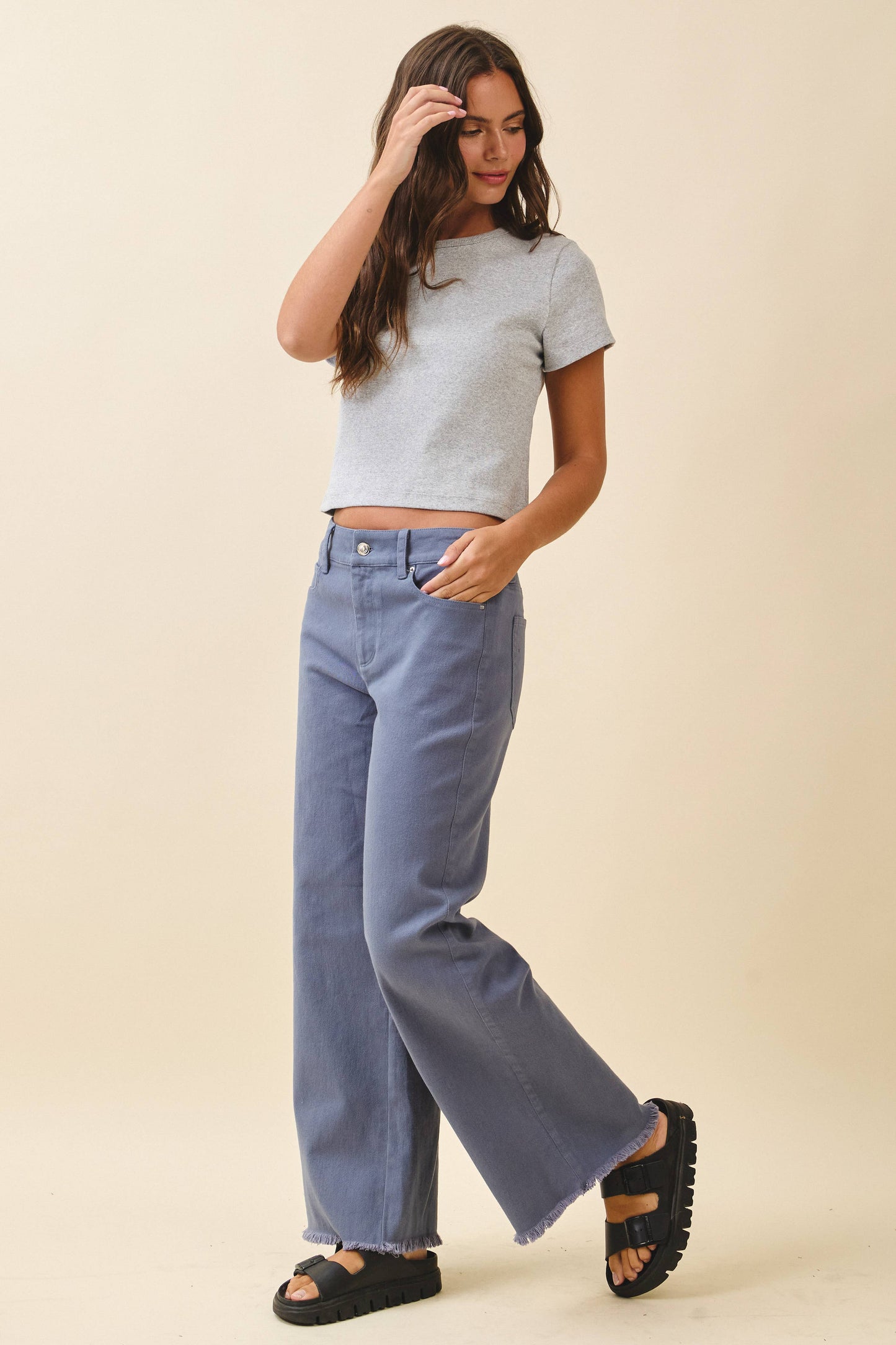 7164GK Wide Leg Raw Hem Denim Pants