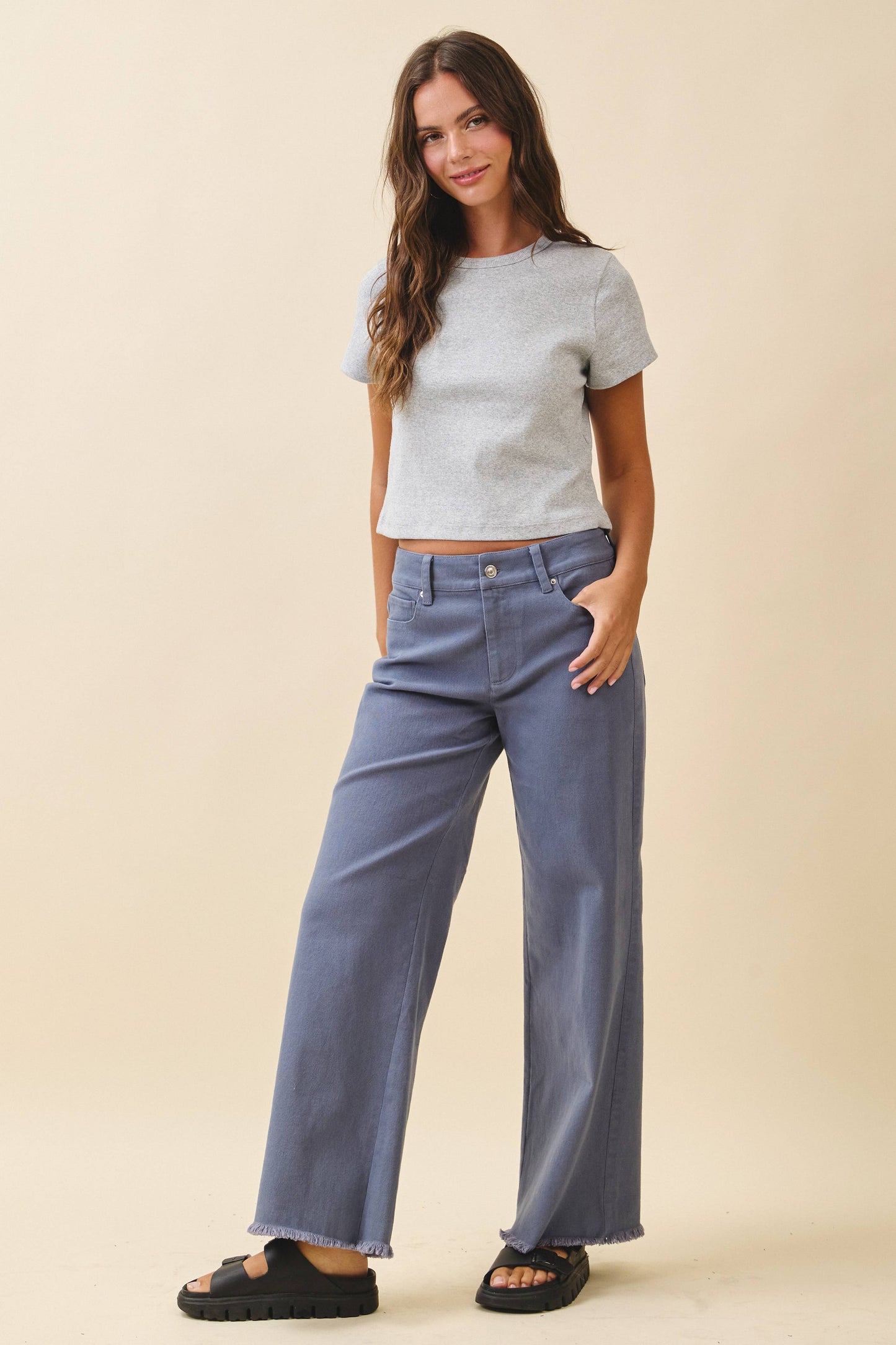 7164GK Wide Leg Raw Hem Denim Pants